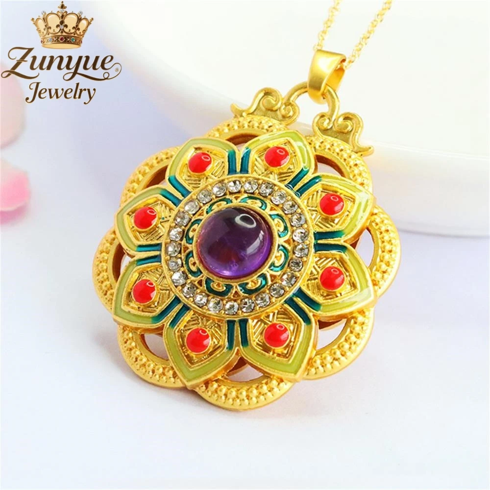 الجمشت الطبيعي لوتس مطعمة الماس قلادة مجوفة جودة فاخرة موضة غرامة مجوهرات رائعة أنيقة سحر