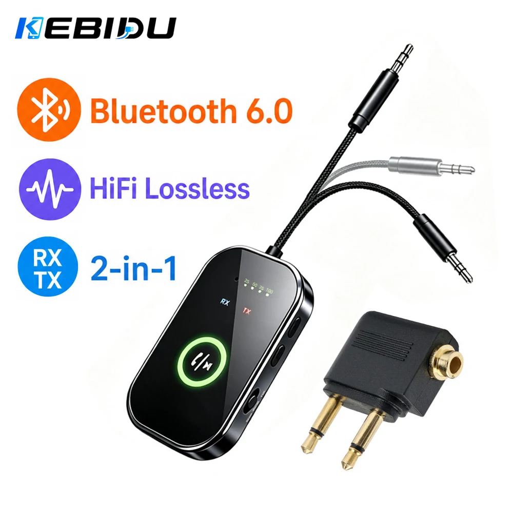 KEBIDU Bluetooth 6.0 Audio-Sender-Empfänger 2-in-1-Adapter 3,5mm AUX HiFi-Stereo-Wireless-Adapter mit Mikrofon für Auto und Flugzeug