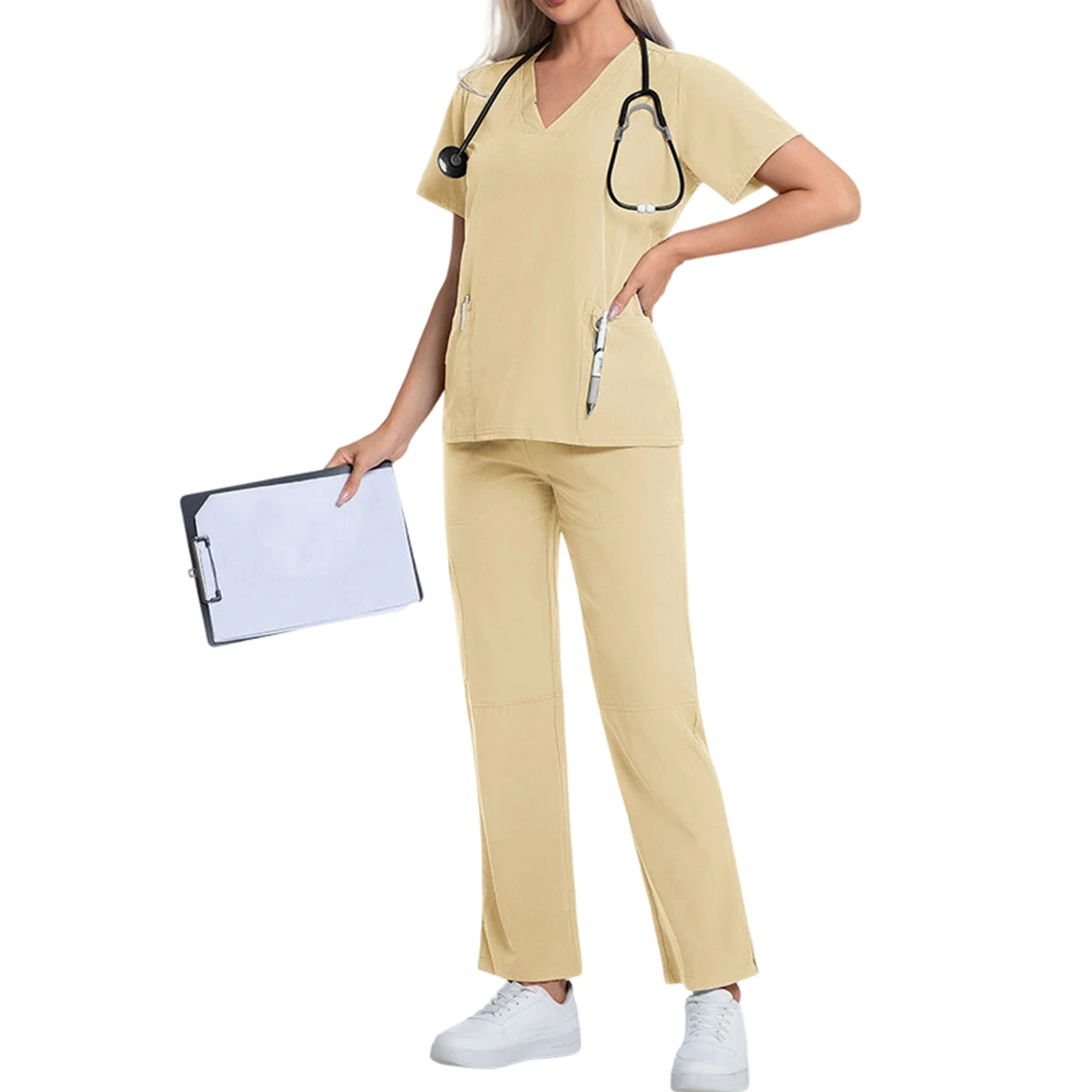 Vrouwen verpleegster scrubset V-hals korte mouw meerkleurige zak medisch uniform comfortabele gezondheidszorg professionele outfit