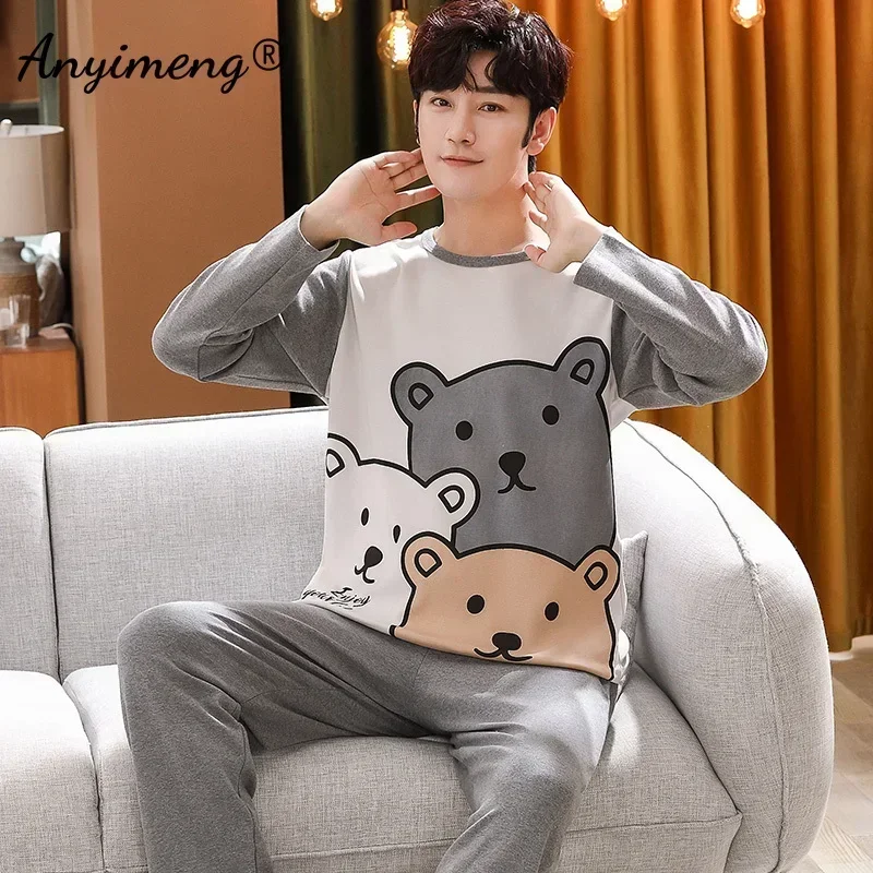 Conjunto de pijamas informales para hombre, ropa de dormir de algodón de manga larga con estampado de dibujos animados de oso Kawaii, talla grande, otoño