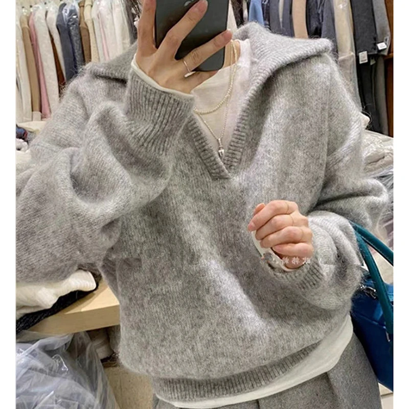 Elegant Grey Women Lapel Collar Sweater Casual Pullover V Neck Knit Top Korean Loose Cozy Winter Outerwear
