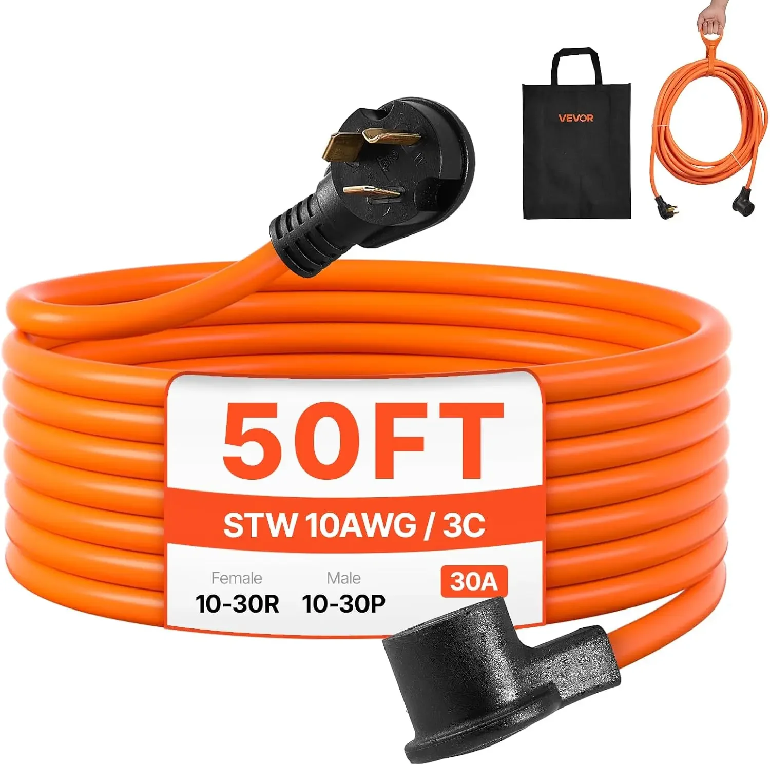 50 FT 30 Amp Dryer Extension Cord 3-Prong NEMA 10-30P to 10-30R, 10AWG STW Pure Copper 125/250V 7500W Heavy Duty Power Cable for