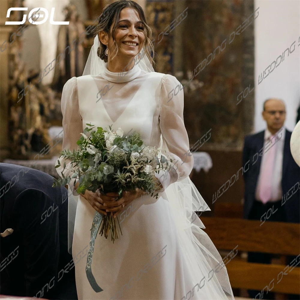 Vestido De Novia De satén con tirantes finos y cuello en V, traje sencillo De dos piezas, mangas largas De tul, estilo sirena