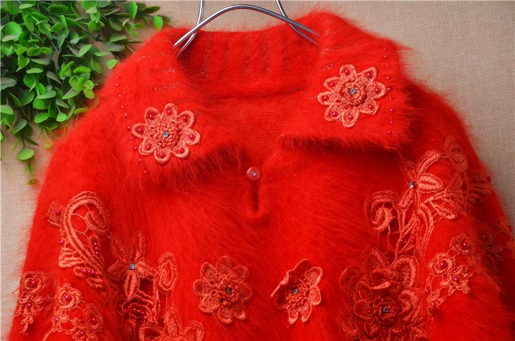 Female Women Fall Winter Christmas Red Vintage Embroidery Beading Hairy Angora Rabbit Hair Long Batwing Sleeves Loose Sweater