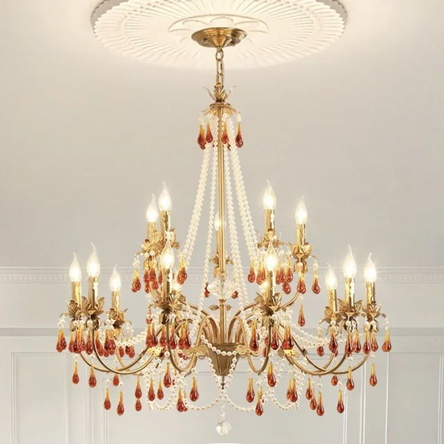 Living Room French Candle Chandelier Luxury Copper E14 Led Pendant Light Lustre Red Crystal Hanging Lamp Led Luminarias Lighting