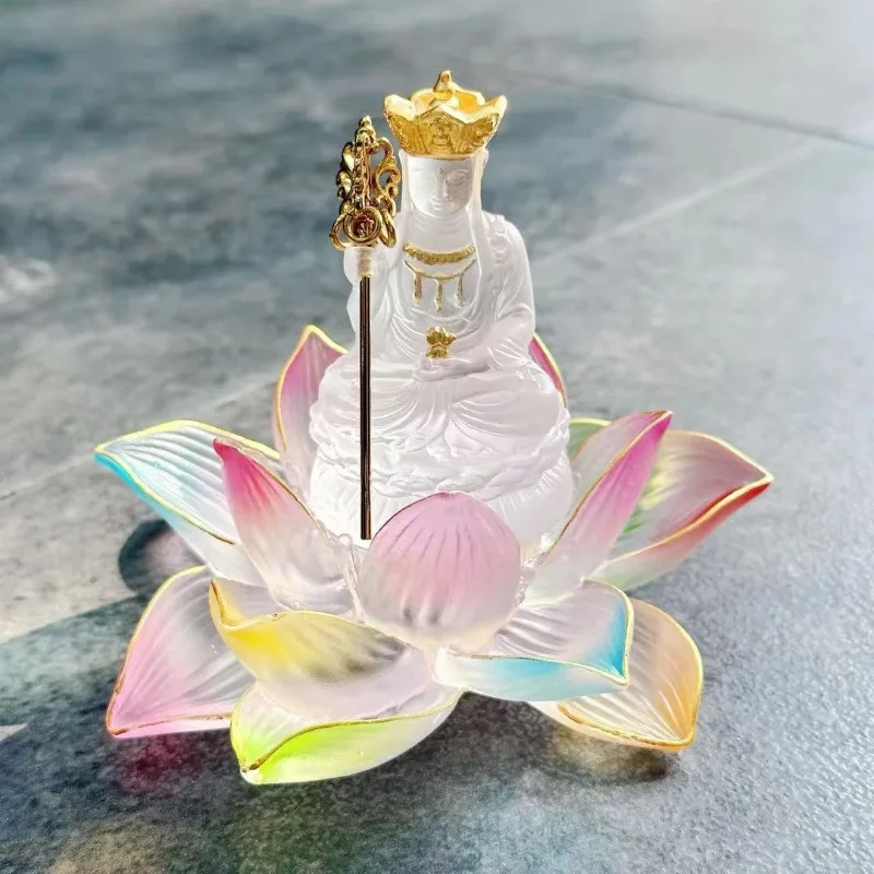 Flowers bloom to see Buddha colorful good luck lotus lotus ancient method glass gradual change gold Buddha statue new Chinese