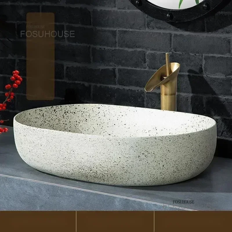 Imitation Stone Ceramic oval Bathroom Washbasins Outdoor Washing Basin Single Bathroom Sinks Terrace Pool Balcony Washing Sink h