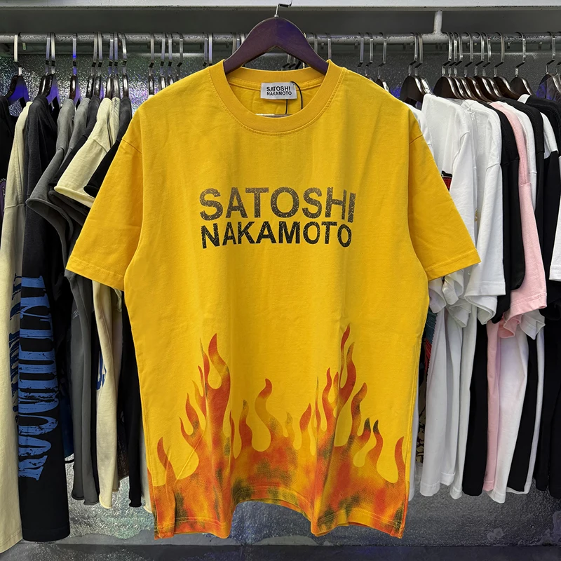 Daily Casual Washable Yellow Flame Letter Logo Print T-shirts High-quality Comfortable Cotton Satoshi Nakamoto Short Sleeved Top