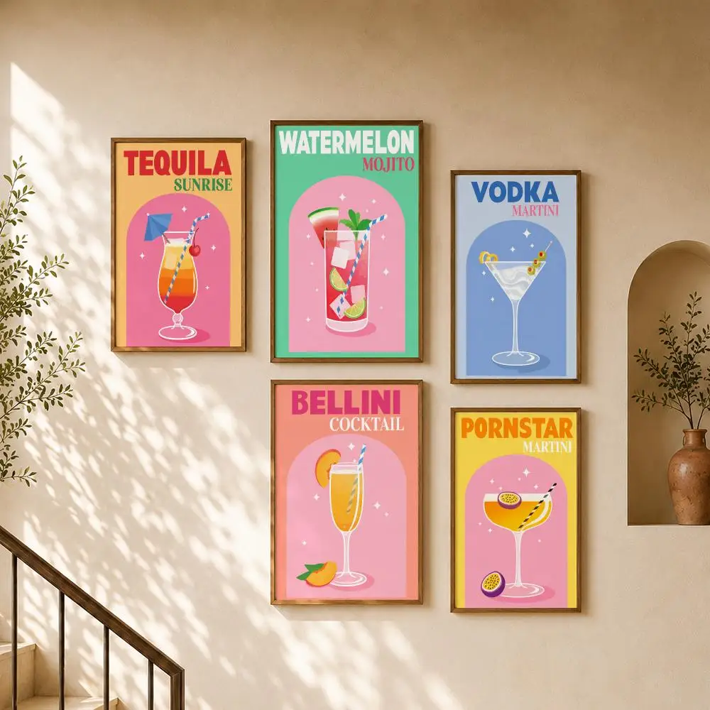 Retro Summer Cocktails Margarita Mojito Martini Tequila Drinks Poster Home Room Cafe Club Decor Aesthetic Art Wall Painting