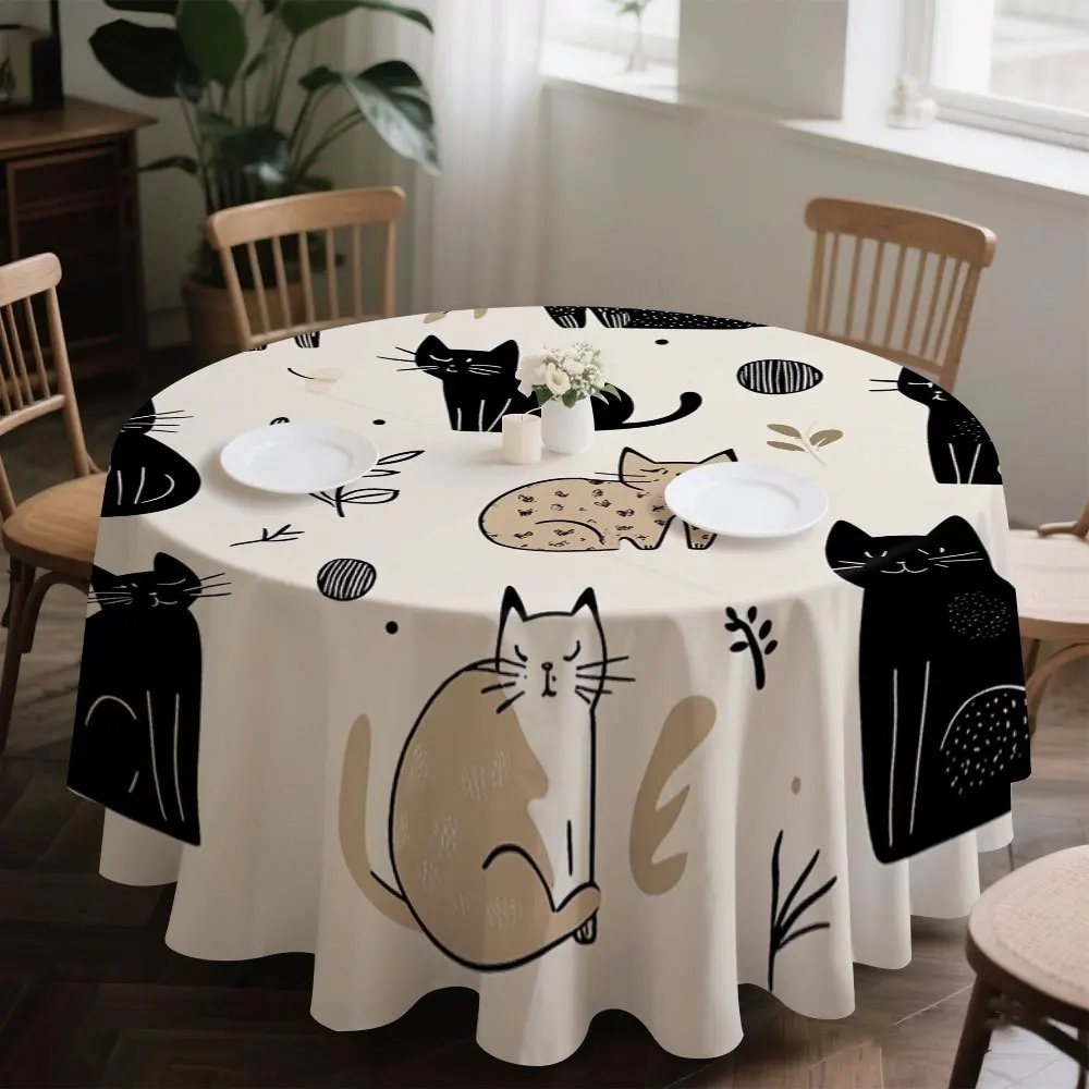 A round tablecloth with cat doodle patterns, adding fun to the cozy dining time.zyc
