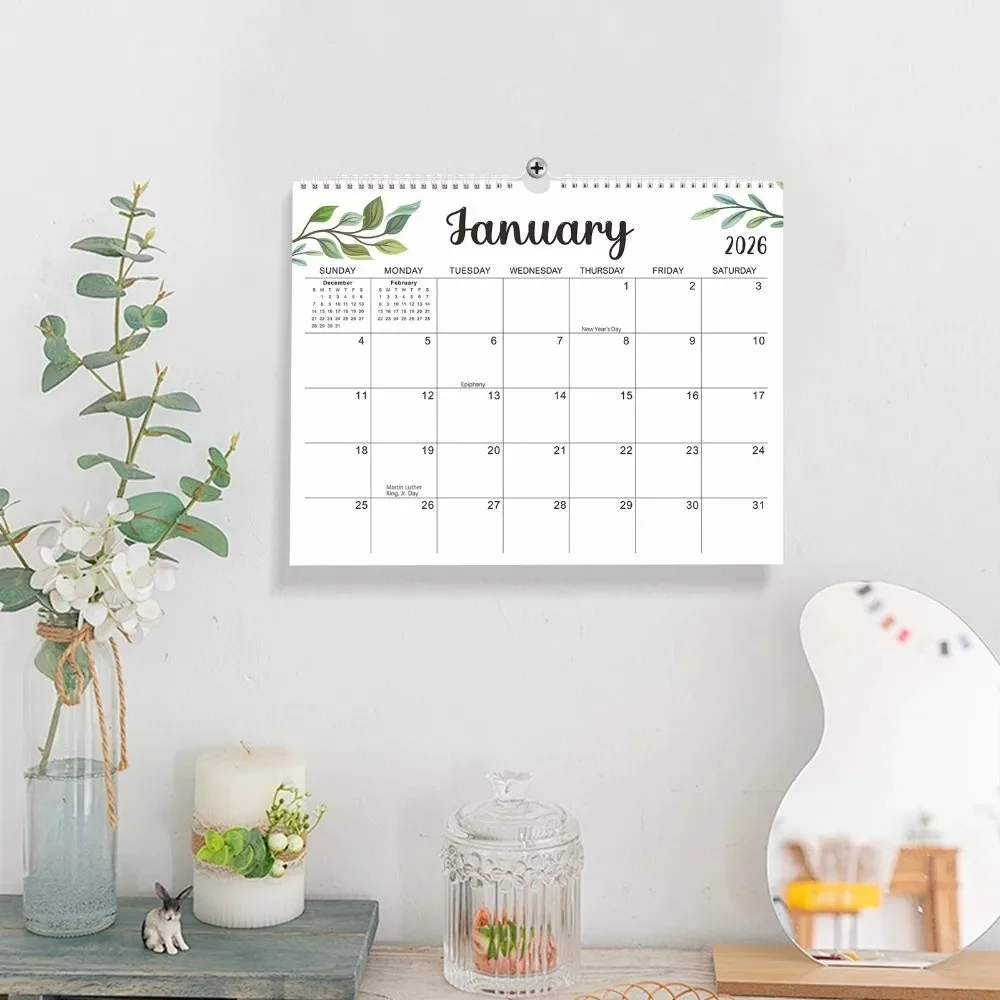 

18 Months Leaf Pattern Calendar Coil Binding Portable English Calendar Minimalist Square Weekly Schedule Calendar