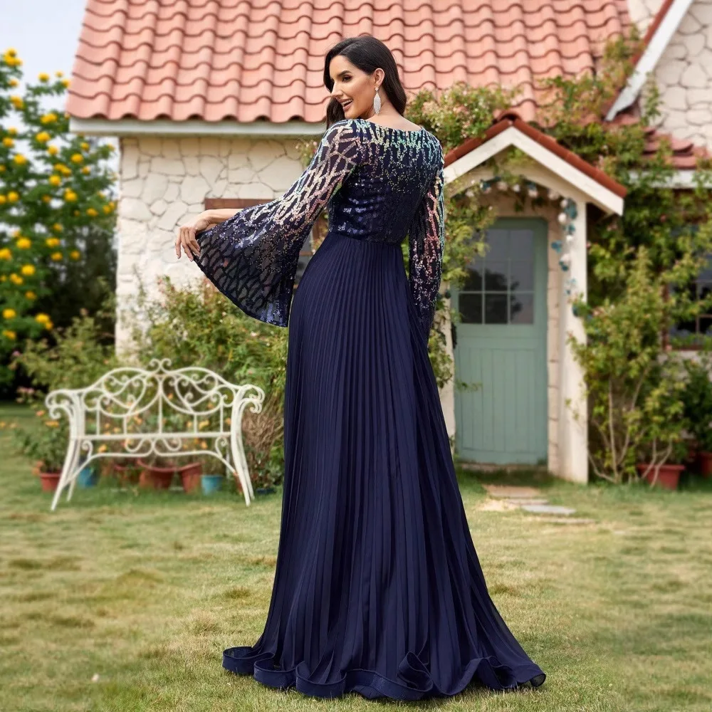 QMANSHA Elegant Navy Blue Sequined Evening Gown V-Neck Flared Split Sleeve Pleated A-Line Dress for Formal Events & Banquets