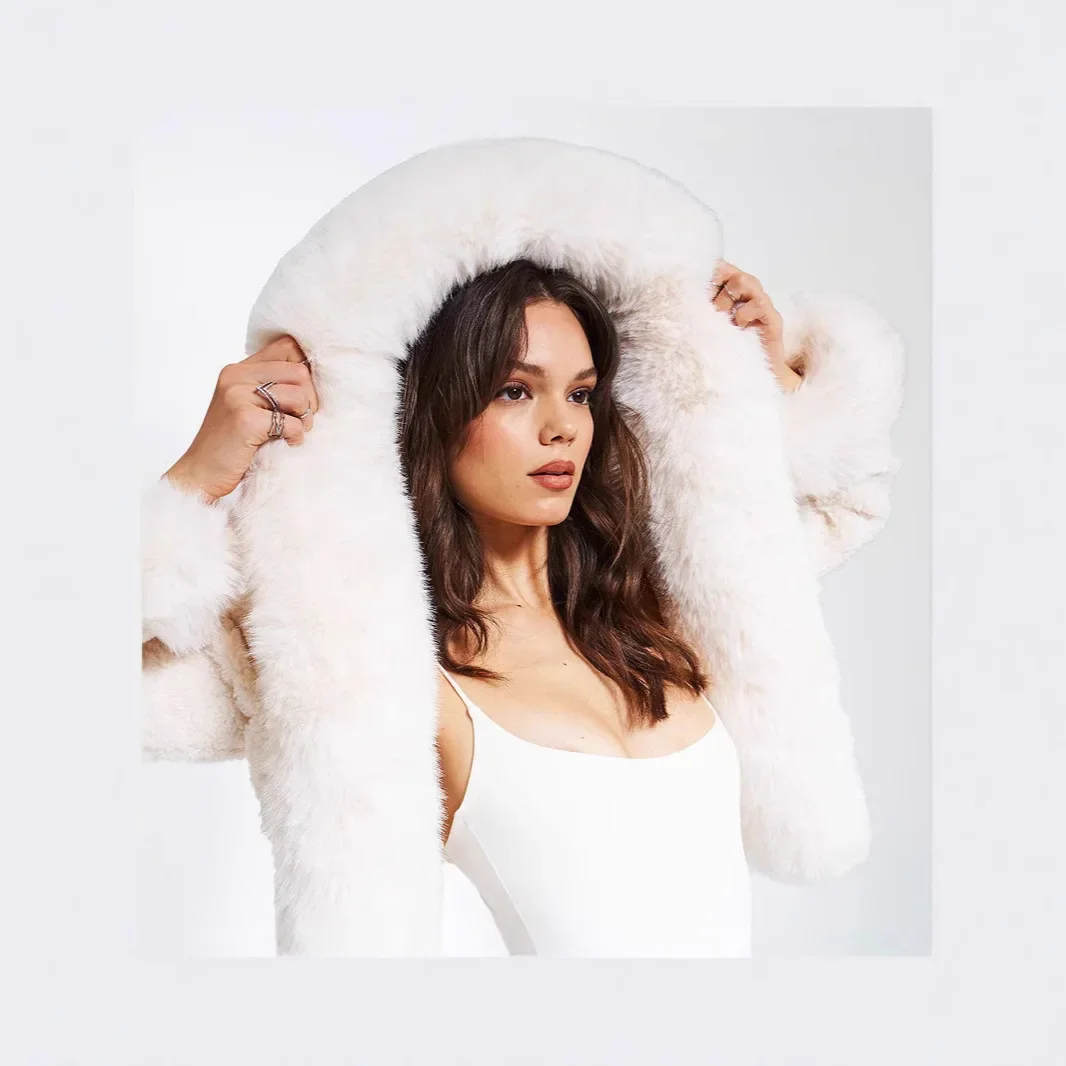 

For Female Fleece Winter Women Eco Fur Jacket Fluffy Hood Detailed Hair Lady Short Fur Jacket Designed Thermal Artificial Coat