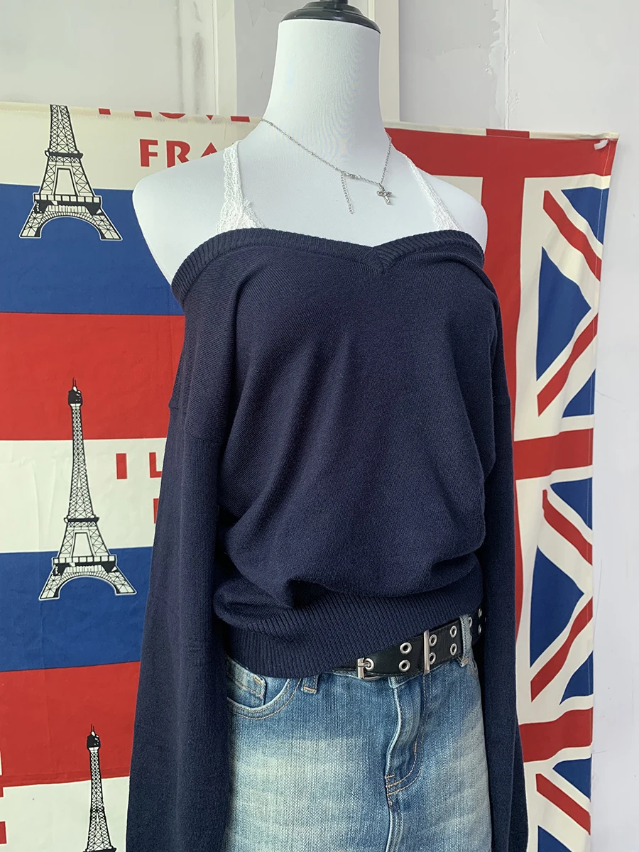 Marine Vintage Pullover Frau Herbst V-Ausschnitt Langarm Baumwolle Pullover solide einfache Streetwear adrette Stil Pullover y2k Pullover – Detail 2