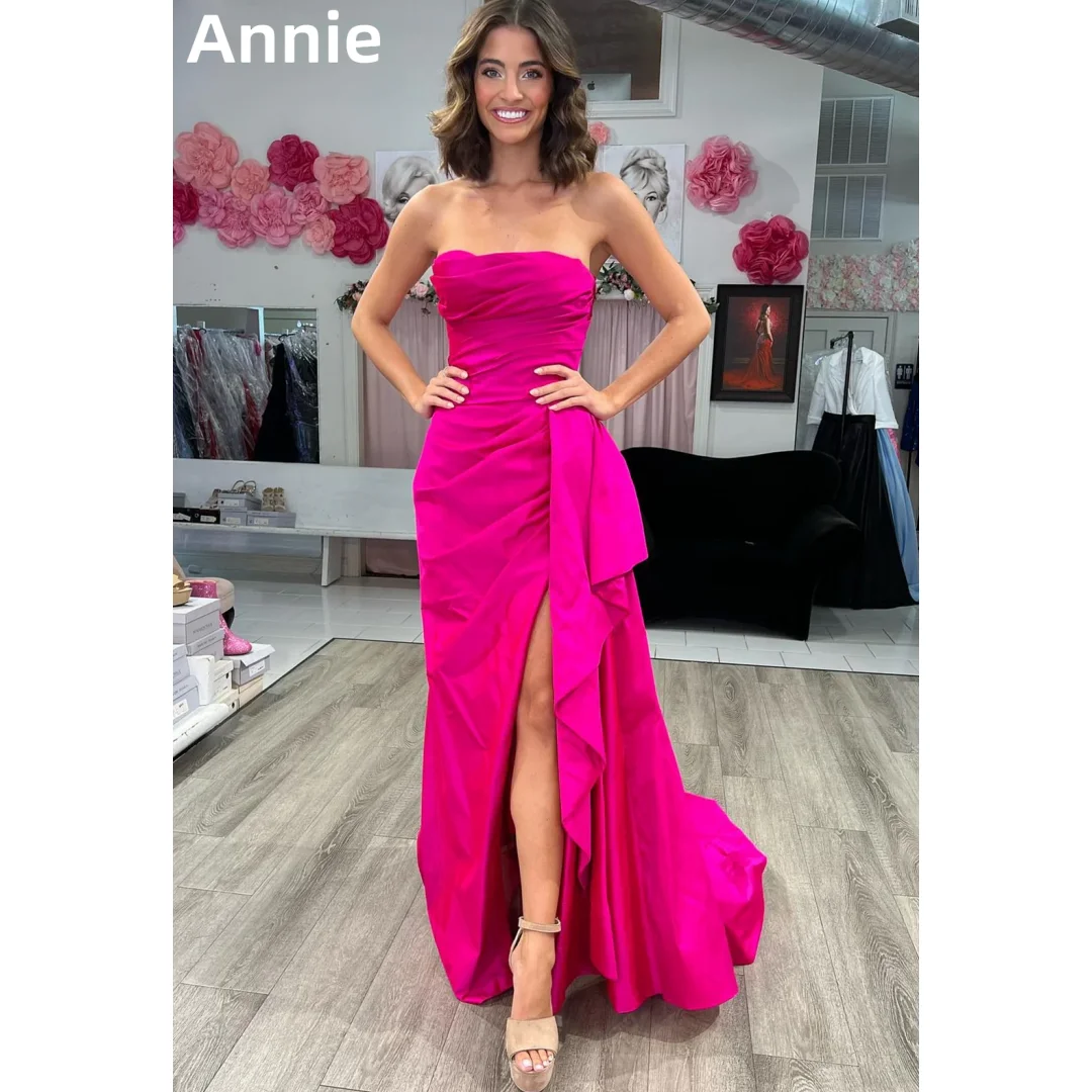 

Annie Hot Pink Prom Dresses Sexy Off-shoulder Taffeta Evening Dresses Mermaid Side Slit Elegant Wedding Party Dress