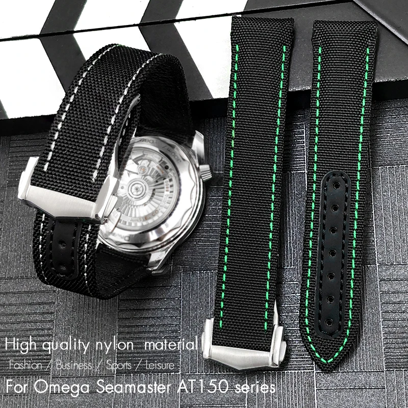 High Quality Nylon Fabric Bottom Leather Watch Band for Omega Seamaster Diver 300M AT150 Aqua Terra 19mm 20mm 21mm Color Strap