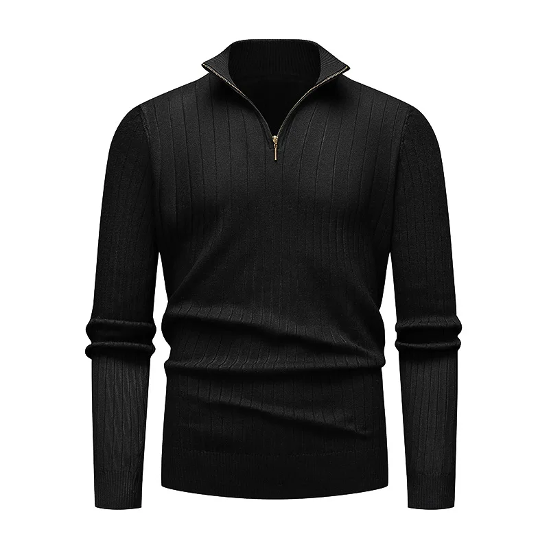 Autumn and Winter Men's Sweater Half Zipper Stand Collar European and American Solid Color Fashion Vertical Striped