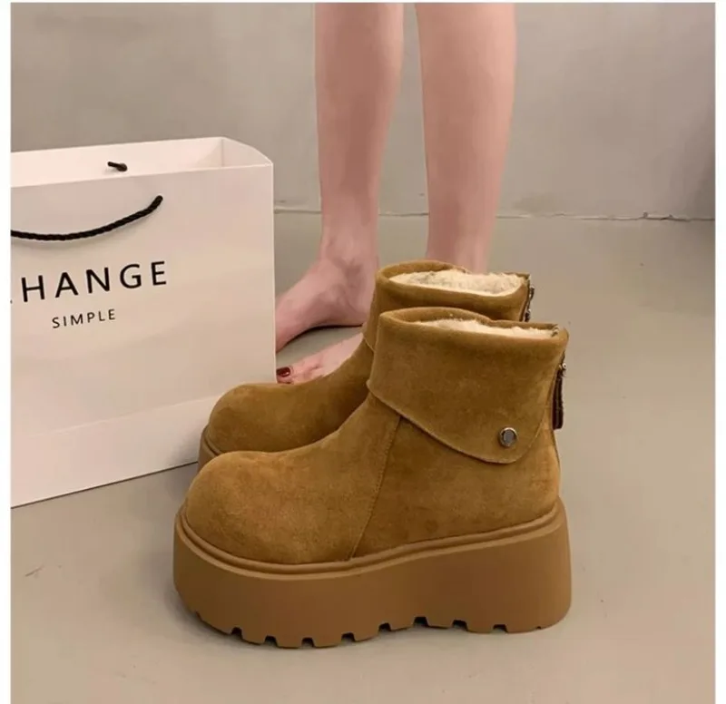 Damen-Plateau-Stiefeletten, Obermaterial aus Wildleder, klobige, rutschfeste Sohle, Reißverschluss hinten, runde Zehenpartie, Winter-Freizeit-Stiefeletten – Detail 4
