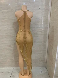Red Rhinestones Sexy See-Through Mesh Mini Sheath Dress Evening Party Performance Costume Bar Nightclub Singer Dancer Stage Wear