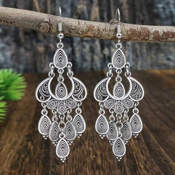 Vintage Ethnic Silver Color Round Water Drop Tassel Earrings for Women Boho Long Hollow Carved Dangle Earring Jewelry Brincos