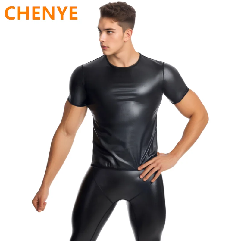 

Mens Black Short Sleeve Leather Tshirt Slimming Underwear Body Shapers Waist Trainer Corsets Tummy Belly Shapewear Leather Shirt