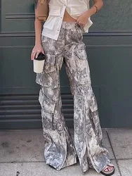 TRAF-Pantalon cargo taille haute pour femme, imprimé gris avec poche, pantalon long, salopette décontractée, rue haute, mode vintage, automne, nouveau