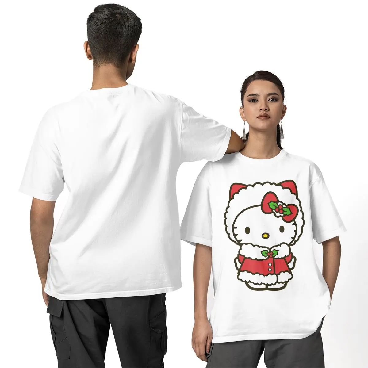 Hello Kitty Christmas T-Shirt for Men Humor 100% Cotton Tees Round Neck Short Sleeve T Shirt Plus Size Tops