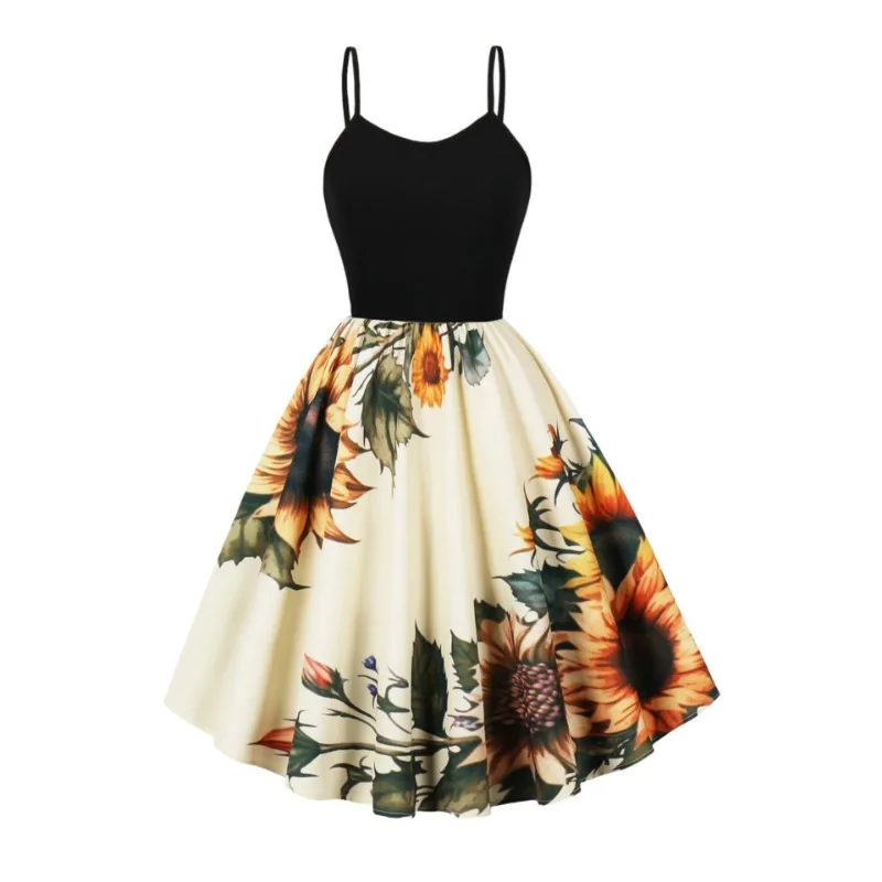 2025 neue Vintage Sommer V-ausschnitt Ärmellose Party Camis Kleid Frauen Streetwear Retro Weihnachts Drucken Hohe Taille Große Schaukel Kleider