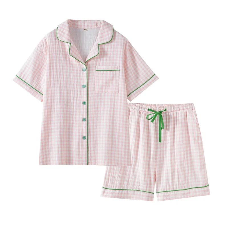 

2pcs Women's Pajama Set Minimalist Fine Plaid Style 100% Cotton Gauze Short Sleeve Shorts Lightweight Loose Breathable Wearable
