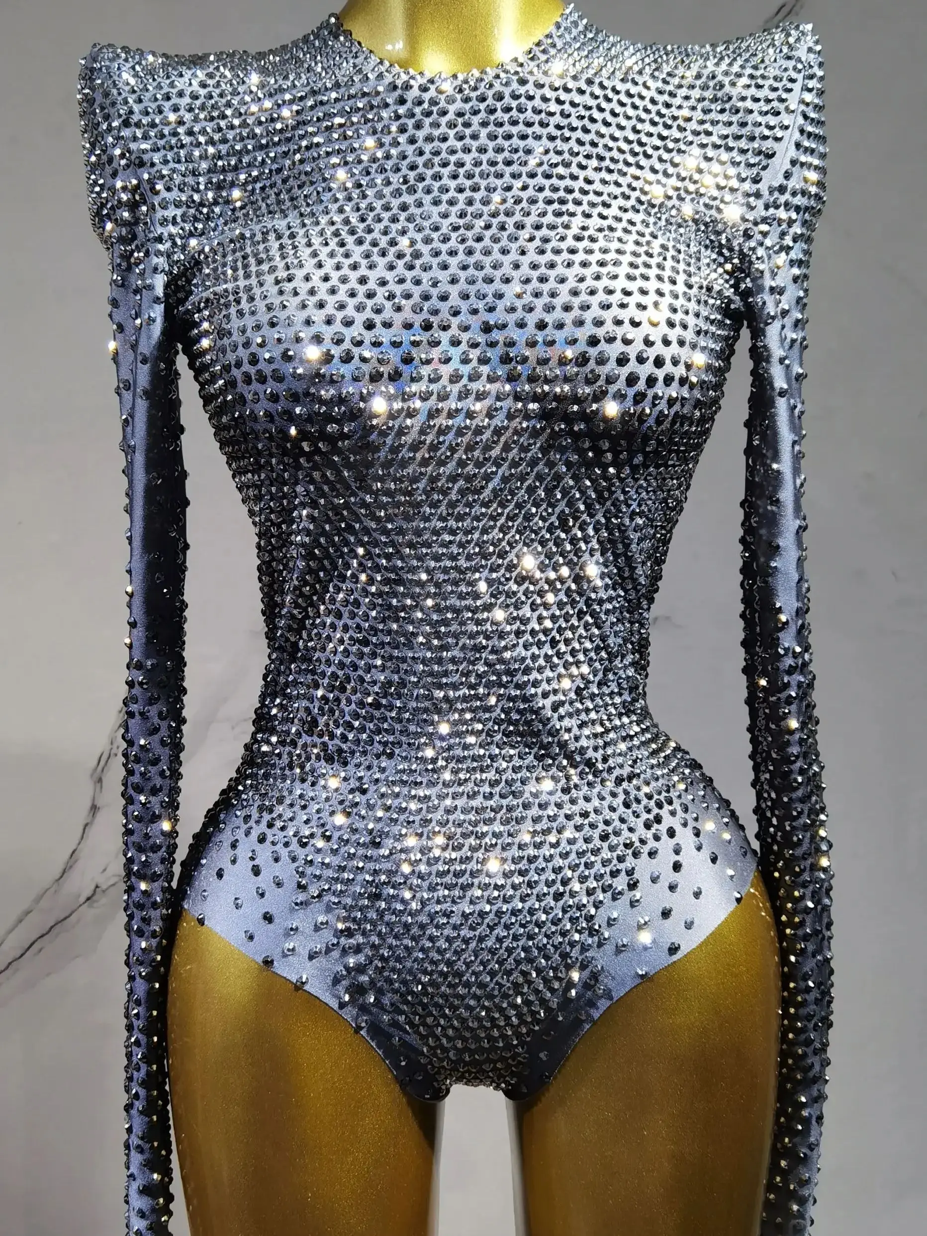 Zilveren strass stretch bodysuits met lange mouwen voor dames sexy avond luxe feest nachtclub toneelkostuum bodysuit - afbeelding 2