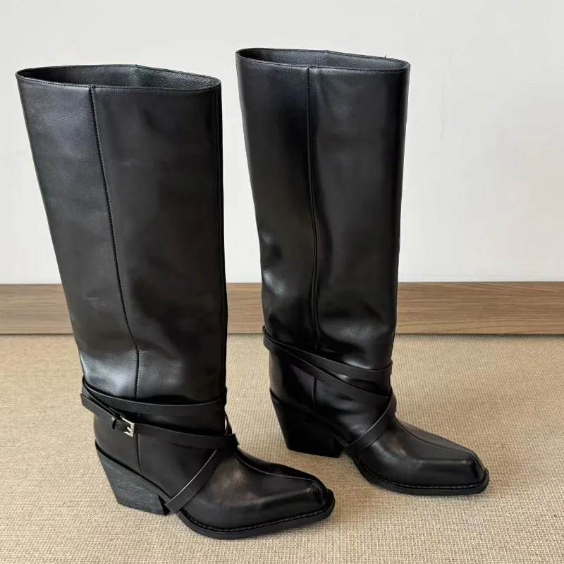 

Retro Women's Shoes Luxury Genuine Leather Knight Boots for Woman Exquisite Cowboy High Heeled Boots Designer Shoes Botas Mujer
