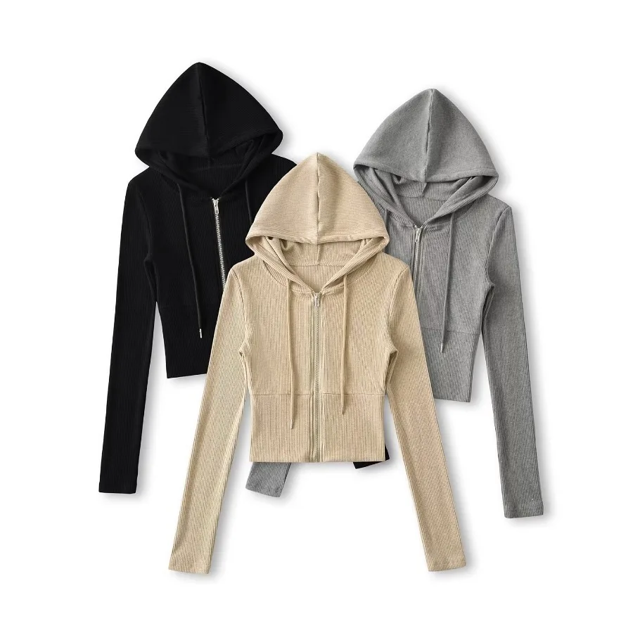

2025 New Autumn Women Elegant Zipper Hooded Knitting Cardigan Fashion Short Style Female Cardigan