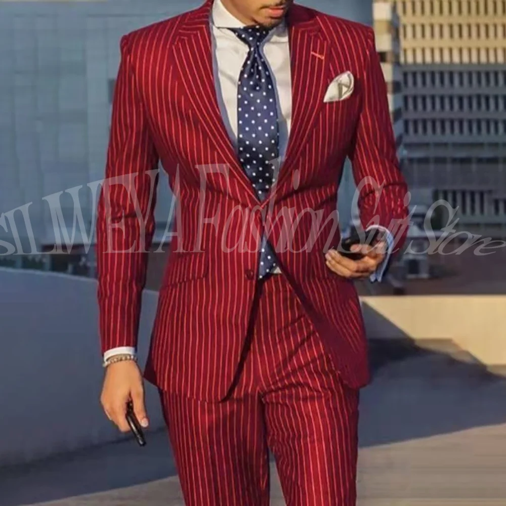 

Single Breasted Red Stripe Men Suit 2 Pieces Jacket Pants High-end Formal Occasion Male Blazer Set Traje Para Hombres Elegantes