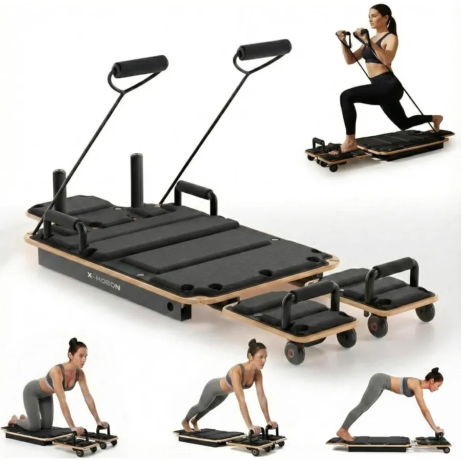 

Реформер для доски для пилатеса для домашних тренировок с колодой из кленового дерева и высокопрочными стальными направляющими, регулируемыми эспандерами, колесом из полиуретана