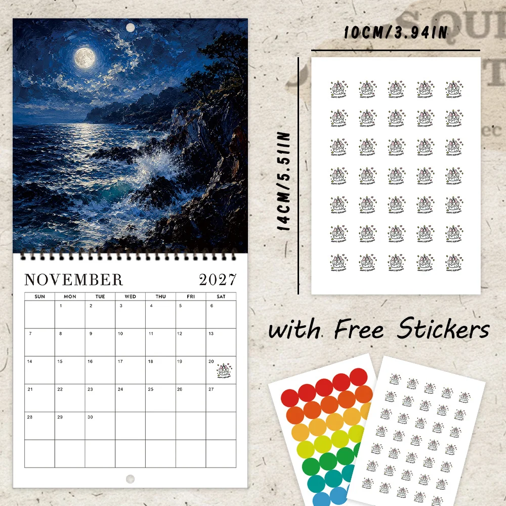 1pc 2027 Oil Painting Moonlit Wall Calendar,12‑Month Planner,Gift For Back‑to‑School,Christmas,New Year,Free Stickers Included