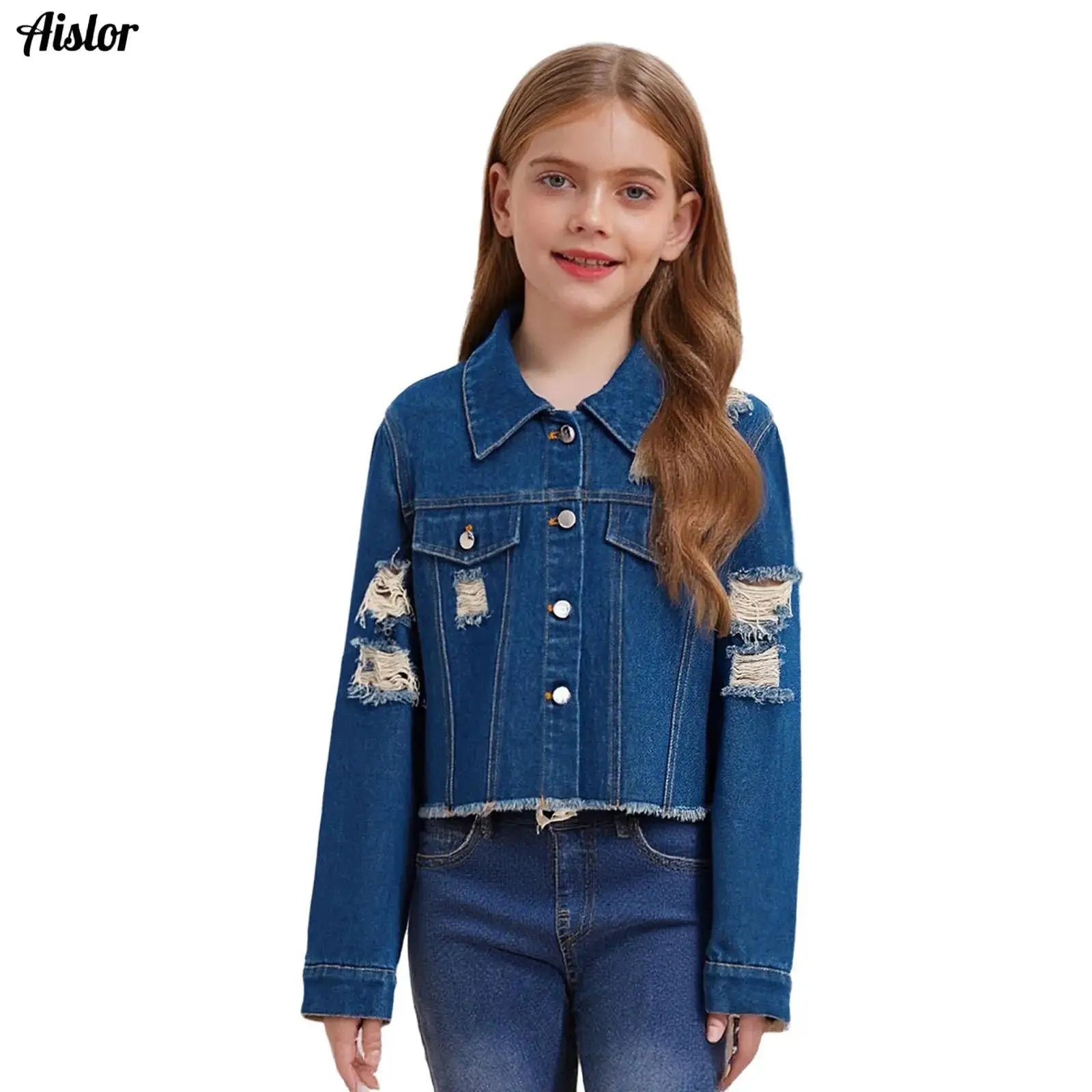 

Kids Girls Raw Hem Ripped Denim Jacket Autumn Casual Turn-Down Collar Long Sleeve Button Coat Outerwear for Skateboarding Street