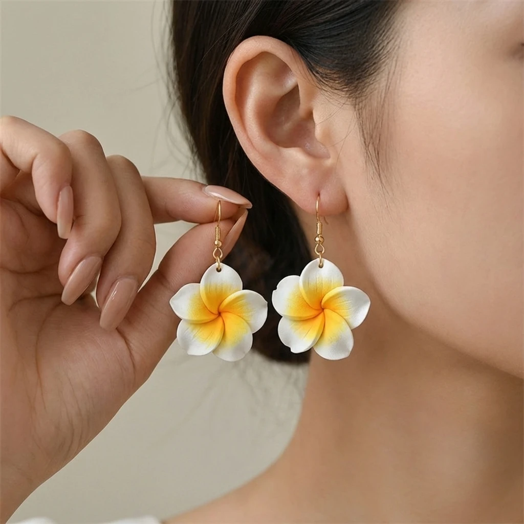 Boho Hawaiianische Plumeria-Ohrringe für Frauen Weiße Rosa Polymer Clay Blumen Tropfen-Ohrringe Sommer Strand Urlaub Schmuck Geschenk