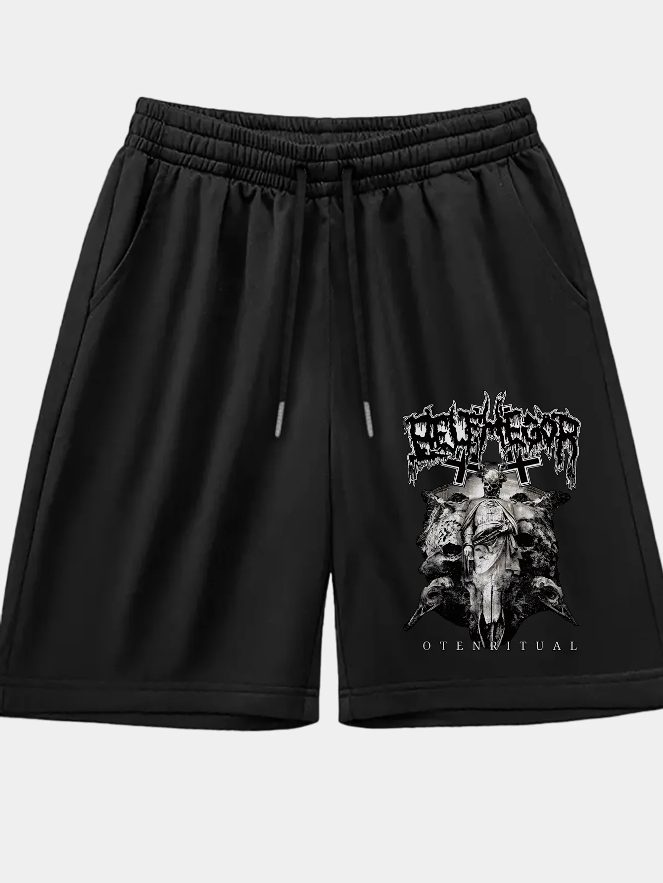 Drip Effect Font Skull Statue Print Shorts Casual Shorts with Pockets and Drawstring, Summer Outdoor Fitness Shorts Men's Shorts