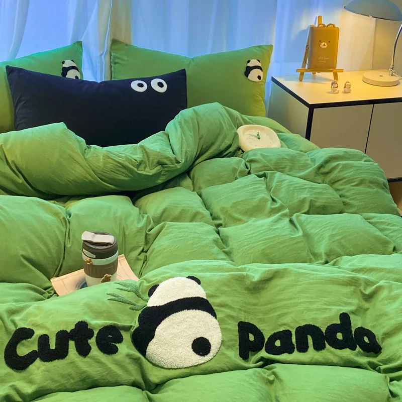 Bedding four-piece set washed cotton towel embroidered bed sheet hat quilt cover 4 bed three-piece set student dormitory