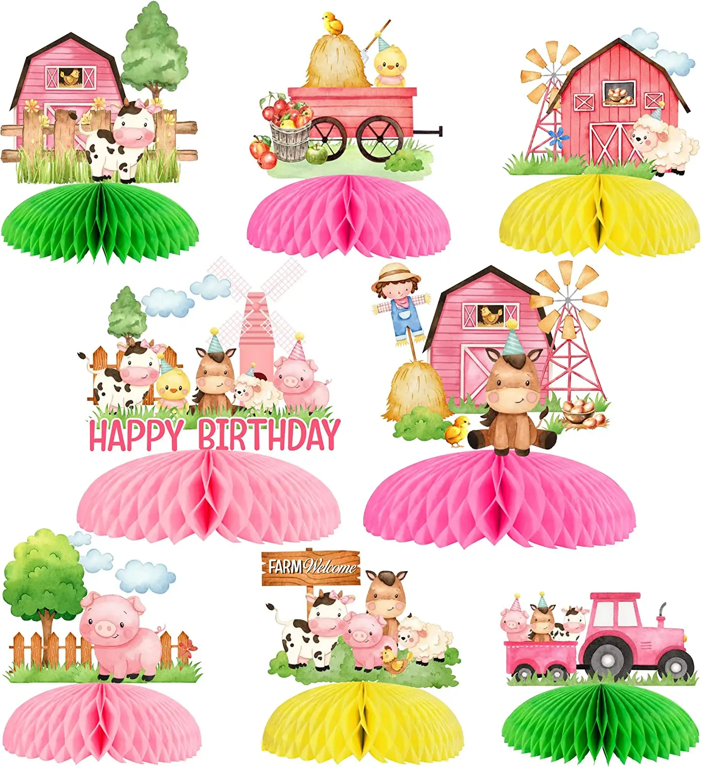 Sursurprise-Pink Farm Animals Theme Party Supplies, Honeycomb Centerpiece, Table Decorations, Baby Girls Birthday, 8 Pcs