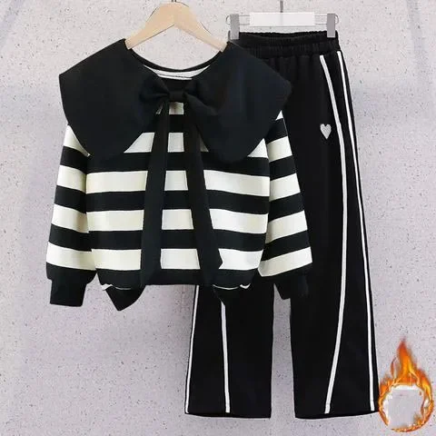 

Spring Autumn Girl Children's Top And Bottom Set Junior Girl Thicken Striped Sweatshirt+Straight Pants Set For Girls 4-12Yrs