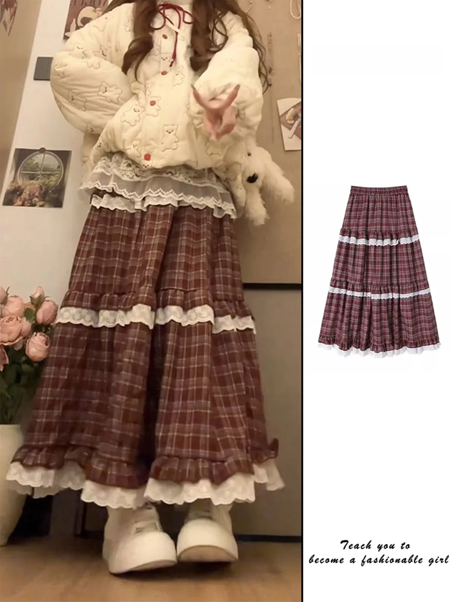

Red Plaid Midi Skirt Women's Autumn Winter Gentle Wind Lace Trim High Waist Long Skirt Casual Sle Cake Skirt A-Line Silhouette