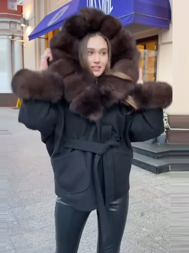 

Hooded Faux Fur Women Jacket Belt Chic Female Clothing Coat Pockets Open Stitch Loose Warm Spring Autumn 2025 ﻿