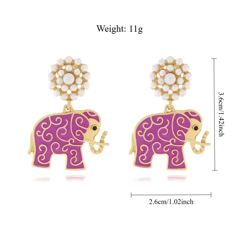 Exaggerated and creative oil-inlaid imitation pearl elephant pendant earrings, fashionable enamel cute accessories