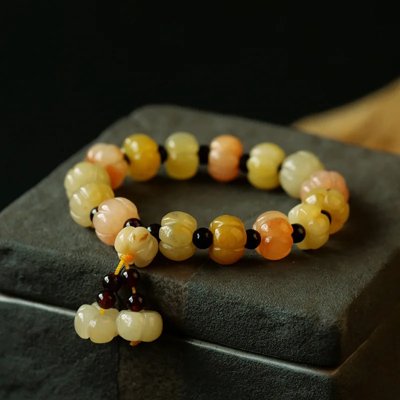 Natural Xinjiang gold silk jade bracelet couple ethnic style pumpkin beads bamboo hanging gourd topaz bracelet