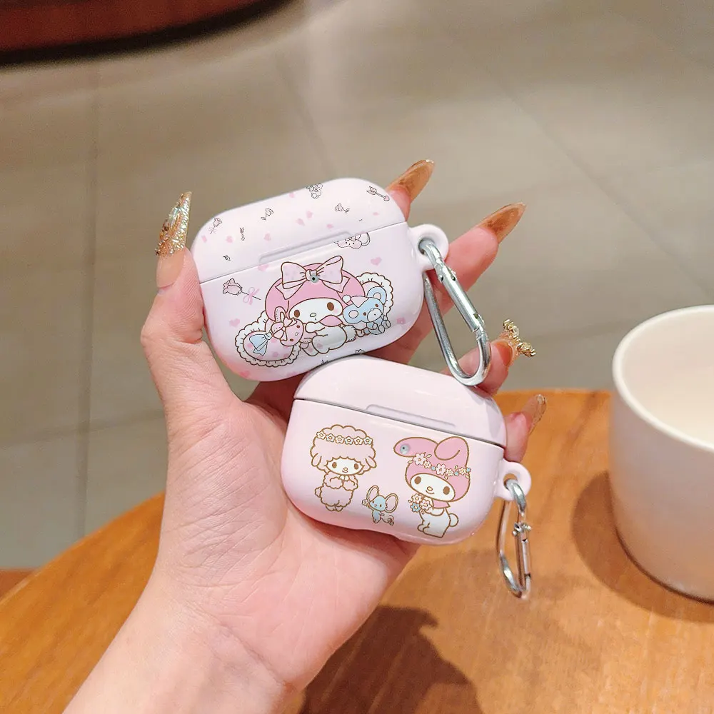 เคส PC แบบแข็งกันกระแทกลาย My Melody สีชมพูน่ารักสำหรับ airpods หูฟัง1 2 3 Pro Pro2พร้อมตะขอโลหะ