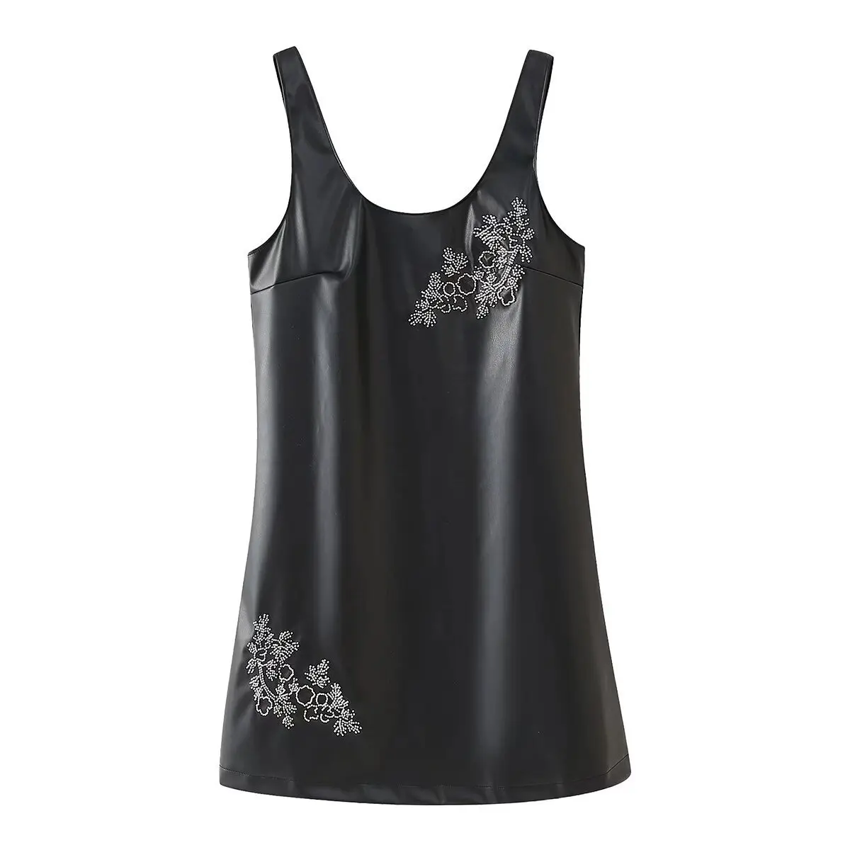 Dames Kunstleren mini-jurk Kralen rugloos sexy mid-taille Effen kleur U-hals jarreteljurk lente zomer Nieuwe vrouwelijke chique top