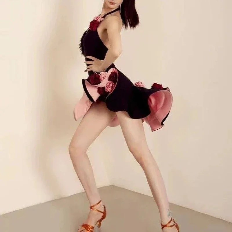 Women Summer New Hanging Neck Latin Dance Dress Set, Advanced Style Adult Female Professional Latin Competition Dance Outfit