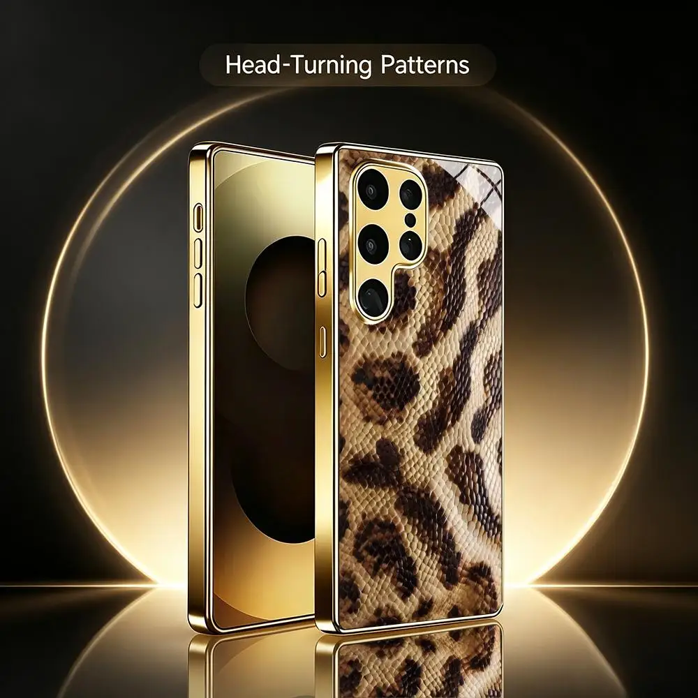 Electroplated Frame Tempered Glass Phone Case for Samsung Galaxy S26/S25/S24/S23 Red Brown Coiled Snake Marble Background