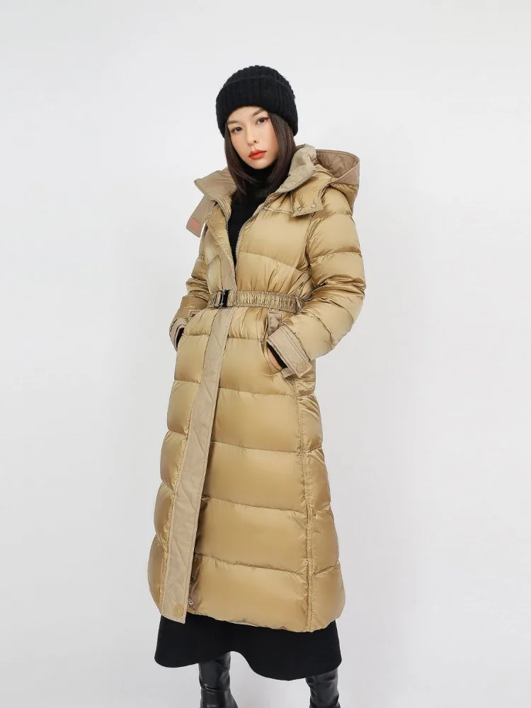 High-end Women Mid-Length Down Jacket Over-the-knee Puffer Jacket Thicken Cinched Waist Slim-Fit  Detachable Hood 90% Down Fill